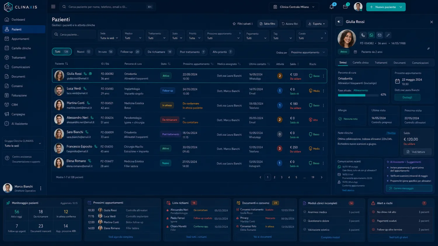 Dashboard CLINAXIS: elenco pazienti, percorso di cura, appuntamenti, alert e scheda paziente completa.