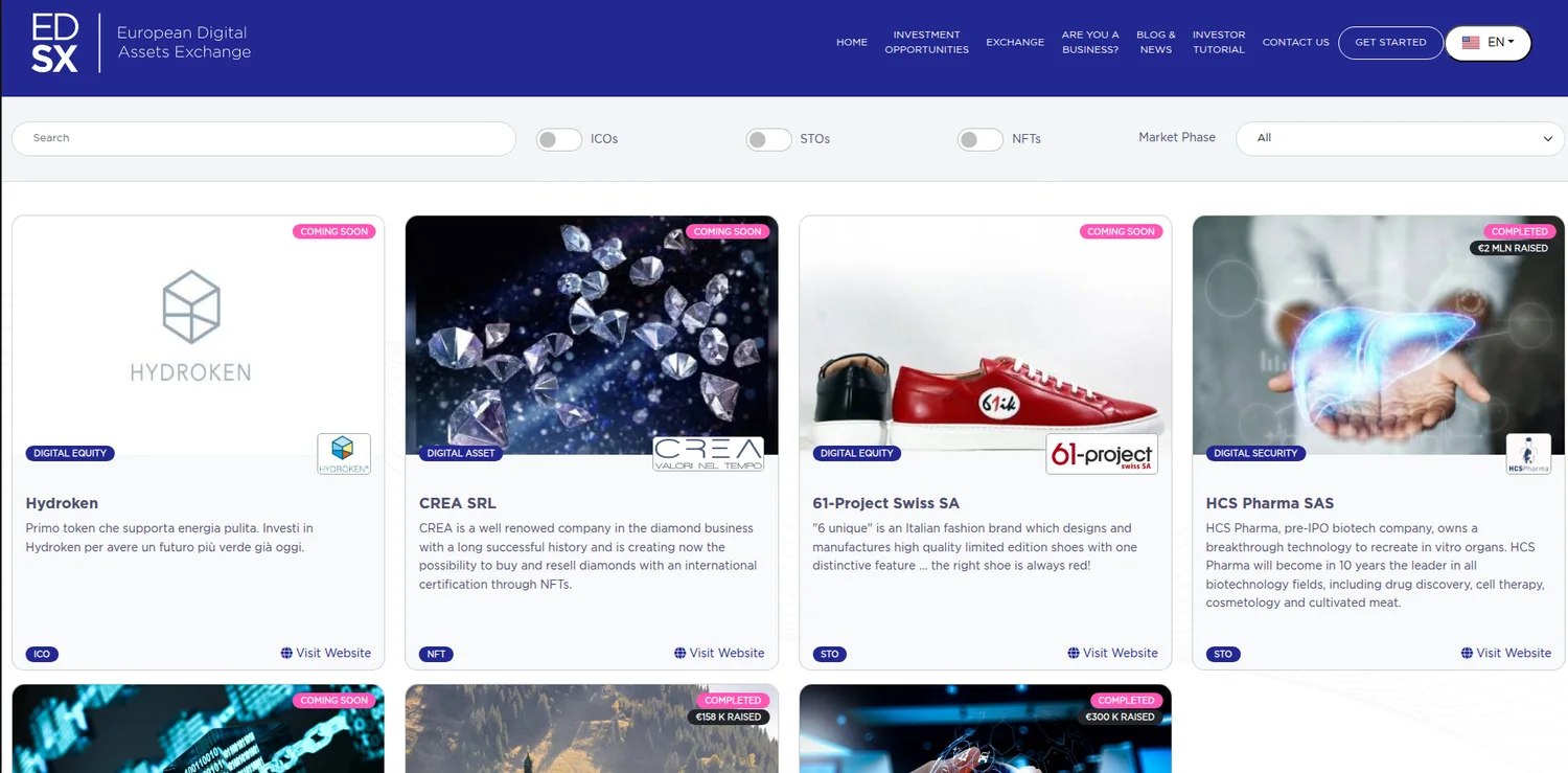 EDSX primary market: offerte digitali (ICO, STO, NFT) e opportunità di investimento tokenizzate.