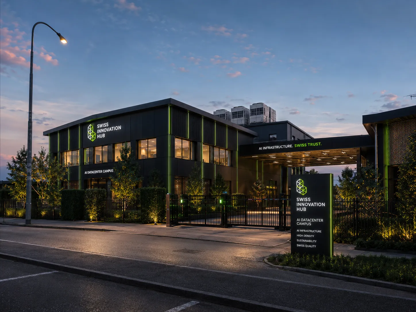 Render del nuovo AI Datacenter Campus di Swiss Innovation Hub al tramonto.
