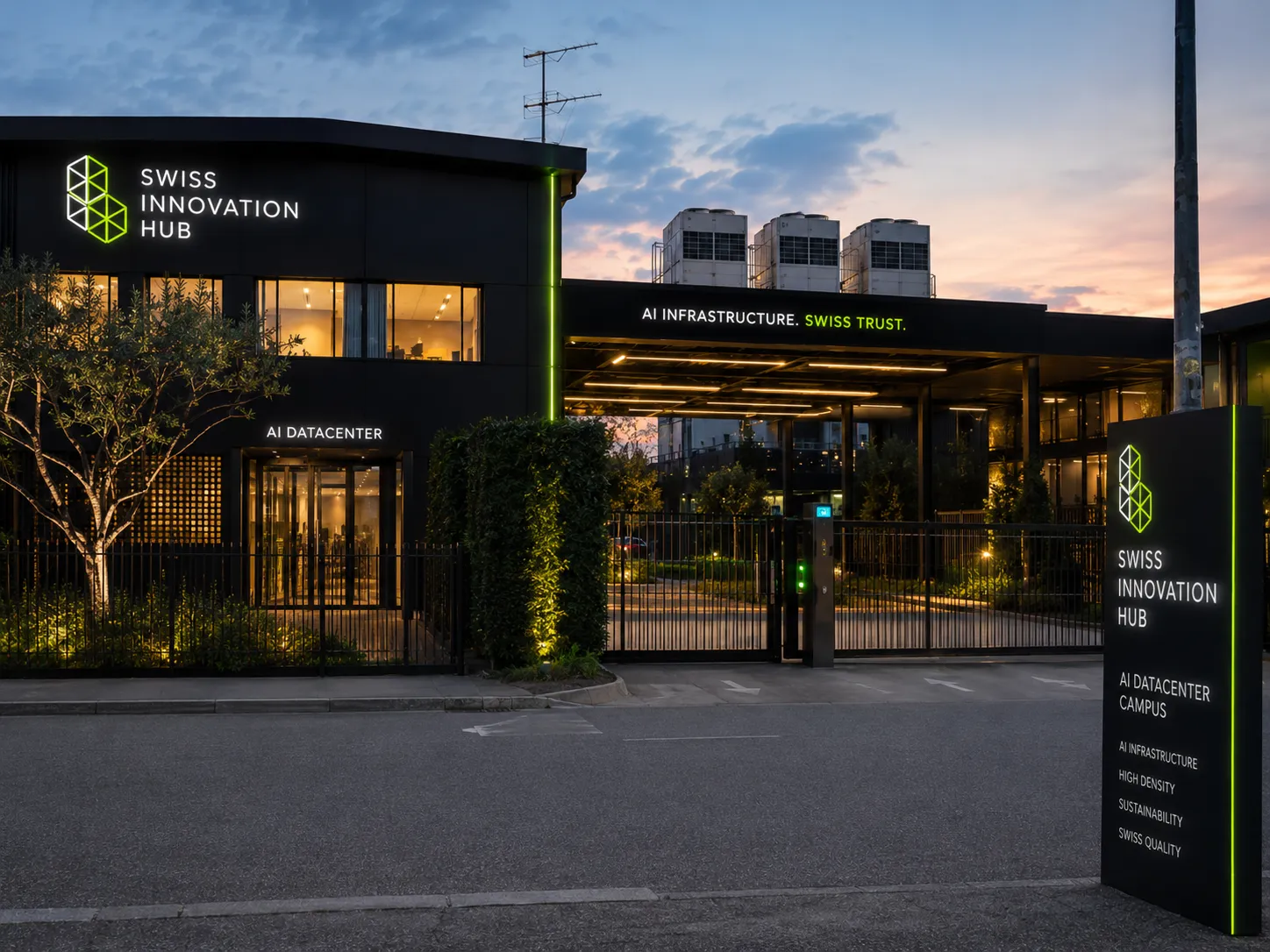 Ingresso del nuovo datacenter Swiss Innovation Hub con insegna AI Datacenter.